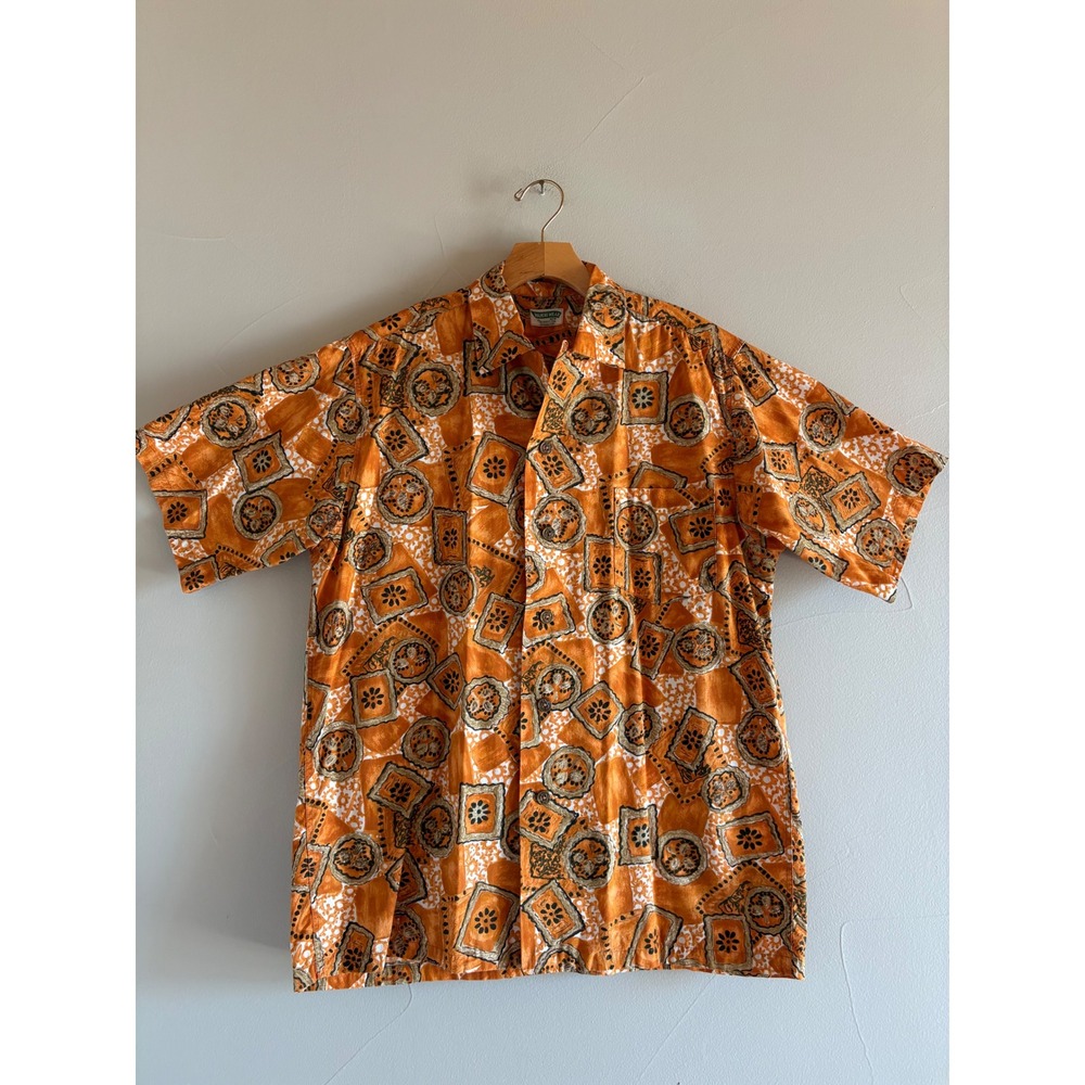 Vintage 60s Waikiki Wear Mildreds of Hawaii Tiki Orange Barkcloth Aloha Shirt XL